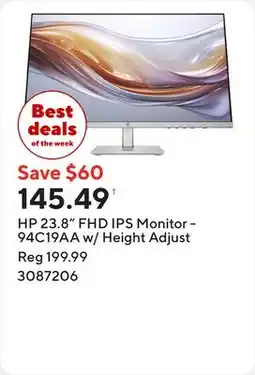 Staples HP 23.8 FHD IPS Monitor - 94C19AA w/ Height Adjust offer