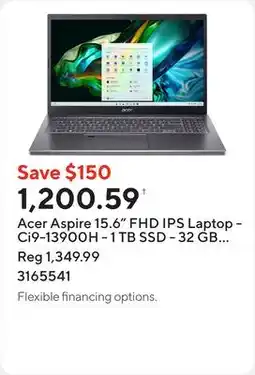Staples Acer Aspire 15.6 FHD IPS Laptop - Ci9-13900H - 1 TB SSD - 32 GB RAM - Windows 11 - Iron offer