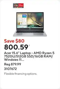 Staples Acer 15.6 Laptop - AMD Ryzen 5 7520U/512GB SSD/16GB RAM/Windows 11 Home offer