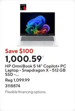 Staples HP OmniBook 5 14 Copilot+ PC Laptop - Snapdragon X - 512 GB SSD - 16 GB RAM - Windows 11 Home offer