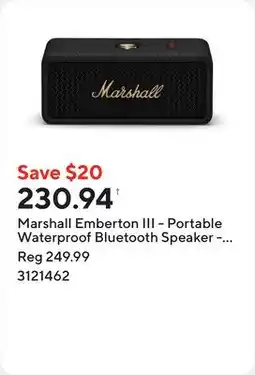 Staples Marshall Emberton III - Portable Waterproof Bluetooth Speaker - Black and Brass offer