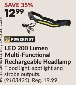 Princess Auto LED 200 Lumen Multi-Functional Rechargeable Headlamp offer