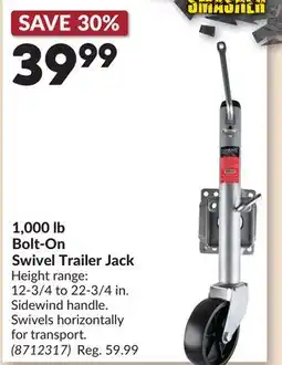 Princess Auto 1,000 lb Bolt-On Swivel Trailer Jack offer