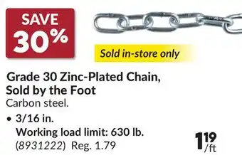 Princess Auto Grade 30 Zinc-Plated Chain, Sold by the Foot 3/16 in. Working load limit: 630 lb offer