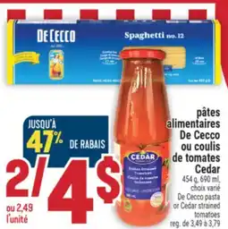 Marché Adonis PÂTES ALIMENTAIRES DE CECCO OU COULIS DE TOMATES CEDAR | DE CECCO PASTA OR CEDAR STRAINED TOMATOES offer
