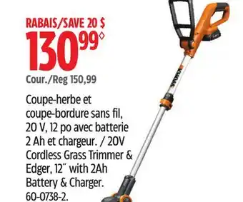 Canadian Tire Worx 20V Cordless Grass Trimmer & Edger, 12 with 2Ah Battery & Charger offer