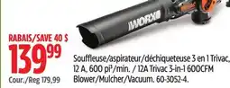Canadian Tire WORX 12A Trivac 3-in-1 600CFM Blower/Mulcher/Vacuum offer