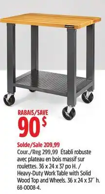 Canadian Tire Mastercraft Heavy-Duty Work Table with Solid Wood Top and Wheels offer