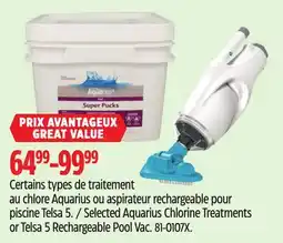 Canadian Tire Selected Aquarius Chlorine Treatments or Telsa 5 Rechargeable Pool Vac offer