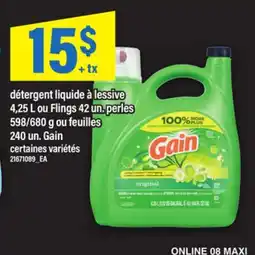 Maxi DÉTERGENT LIQUIDE À LESSIVE, 4,25 L OU FLINGS, 42 UN. PERLES, 598/680 G OU FEUILLES, 240 UN. GAIN offer