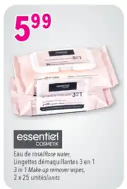 Familiprix ESSENTIEL COSMETIK, rose water, 3 in 1 make-up remover wipes, 2 x 25 units offer