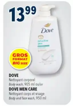 Familiprix DOVE, Body wash, 905 ml or DOVE MEN CARE, Body and face wash, 950 ml offer