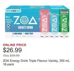 Costco ZOA Energy Drink Triple Flavour Variety, 355 mL 18-pack offer