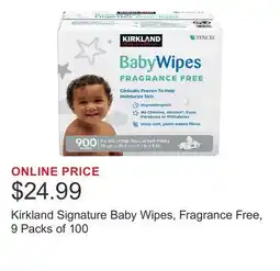 Costco Kirkland Signature Baby Wipes, Fragrance Free, 9 Packs of 100 offer