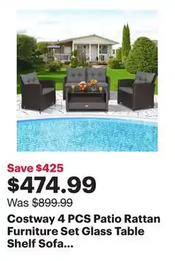 Best Buy Costway 4 PCS Patio Rattan Furniture Set Glass Table Shelf Sofa Cushion Gray offer