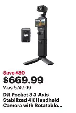 Best Buy DJI Pocket 3 3-Axis Stabilized 4K Handheld Camera with Rotatable touchscreen and Accessories - Black offer
