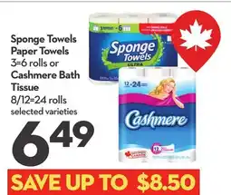 Longo's Sponge Towels Paper Towels 3 = 6 rolls or Cashmere Bath Tissue 8/12 = 24 rolls offer