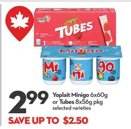 Longo's Yoplait Minigo 6x60g or Tubes 8x56g pkg offer