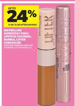 Real Canadian Superstore MAYBELLINE SUPERSTAY VINYL LIPSTICK COLOSSAL BUBBLE, LIFTER CONCEALER offer