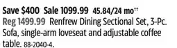 Canadian Tire Renfrew Dining Sectional Set, 3-Pc. Sofa, single-arm loveseat and adjustable coffee table offer