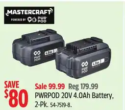 Canadian Tire MASTERCRAFT PWRPOD 20V 4.0Ah Battery, 2-Pk offer