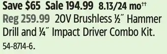 Canadian Tire Mastercraft 20V Brushless 1⁄2˝ Hammer Drill and 1⁄4˝ Impact Driver Combo Kit offer