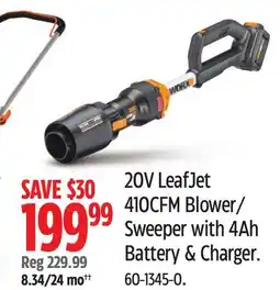 Canadian Tire Worx 20V LeafJet 410CFM Blower/Sweeper with 4Ah Battery & Charger offer