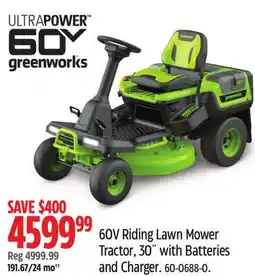Canadian Tire Greenworks 60V Riding Lawn Mower Tractor, 30˝ with Batteries and Charger offer