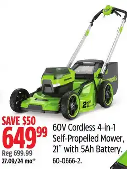 Canadian Tire 60V Cordless 4-in-1 Self-Propelled Mower, 21˝ with 5Ah Battery offer