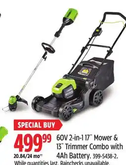 Canadian Tire Green works 60V 2-in-117* Mower & 13 Trimmer Combo with 4Ah Battery offer