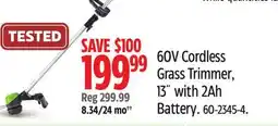 Canadian Tire GreenWorks 60V Cordless Grass Trimmer, 13˝ with 2Ah Battery offer