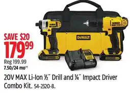 Canadian Tire Dewalt 20V MAX Li-Ion 1⁄2˝ Drill and 1⁄4˝ Impact Driver Combo Kit offer