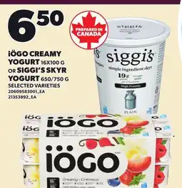 Loblaws IÖGO CREAMY YOGURT 16X100 G OR SIGGI'S SKYR YOGURT 650/750 G offer