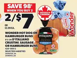 Loblaws WONDER HOT DOG OR HAMBURGER BUNS 8'S OR D'ITALIANO CRUSTINI, SAUSAGE OR HAMBURGER BUNS offer