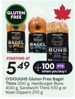 Sobeys Gluten Free Bagel Thins 200 g, Hamburger Buns 400 g, Sandwich Thins 510 g or Naan Dippers 210 g offer