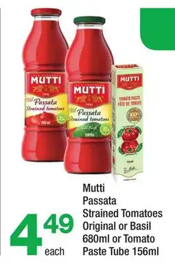 Highland Farms Mutti Passata Strained Tomatoes Original or Basil 680ml or Tomato Paste Tube 156ml offer