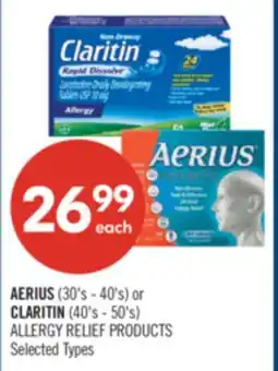Shoppers Drug Mart AERIUS (30's - 40's) or CLARITIN (40's - 50's) ALLERGY RELIEF PRODUCTS offer