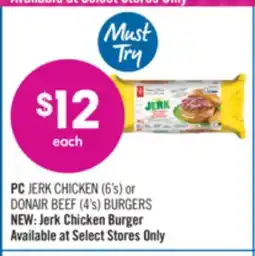Shoppers Drug Mart PC JERK CHICKEN (6's) or DONAIR BEEF (4's) BURGERS offer