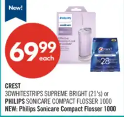 Shoppers Drug Mart CREST 3DWHITESTRIPS SUPREME BRIGHT (21's) or PHILIPS SONICARE COMPACT FLOSSER 1000 offer