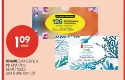 Shoppers Drug Mart NO NAME 2-PLY (126's) or PC 3-PLY (78's) FACIAL TISSUES offer