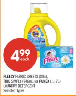 Shoppers Drug Mart FLEECY FABRIC SHEETS (80's), TIDE SIMPLY (946mL) or PUREX (1.17L) LAUNDRY DETERGENT offer