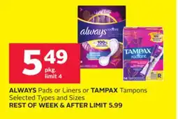Rexall ALWAYS Pads or Liners or TAMPAX Tampons offer