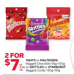 Rexall M & M' S or MALTESERS Bagged Chocolate 95g-100g or SKITTLES or STARBURST Bagged Candy 130g-191g offer