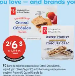 Pharmaprix PC Cereal Snack Bar (8), Greek Yogurt (5) or Protein (4) Coated Granola Bar offer