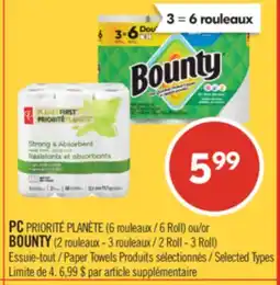 Pharmaprix PC 6 Roll or BOUNTY 2 Roll - 3 Roll Paper Towels offer