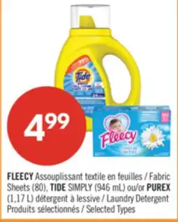 Pharmaprix FLEECY Fabric Sheets (80), TIDE SIMPLY (946 mL) or PUREX (1,17 L) Laundry Detergent offer
