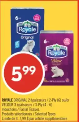 Pharmaprix ROYALE ORIGINAL 2-Ply (6) or VELOUR 3-Ply (4 - 6) Facial Tissues offer