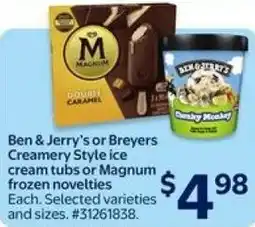Walmart Ben & Jerry's or Breyers Creamery Style ice cream tubs or Magnum frozen novelties offer