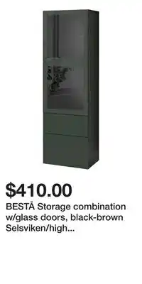 IKEA BESTÅ Storage combination w/glass doors, black-brown Selsviken/high gloss dark olive-green offer