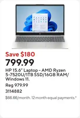 Staples HP 15.6 Laptop - AMD Ryzen 5-7520U/1TB SSD/16GB RAM/Windows 11 offer